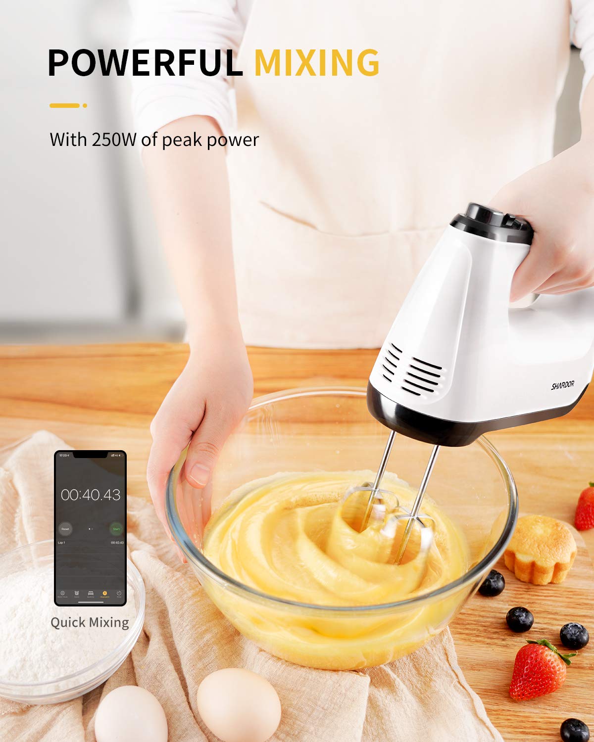 SHARDOR Hand Mixer Electric, 6 Speed & Turbo Mixer Electric Handheld, Snap-On Storage Case,5 Stainless Steel Accessories for Whipping, Mixing Cookies, Brownie, Cakes, Dough Batters, White
