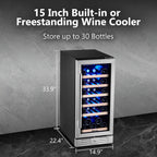 Kalamera Mini Lodówka 15" Chłodziarka do wina - 30 Butelek Wina Lodówka ze Stali Nierdzewnej i Dwuwarstwowe Drzwi z Hartowanego Szkła i Funkcja Zapamiętywania Temperatury Wbudowana lub Wolnostojąca