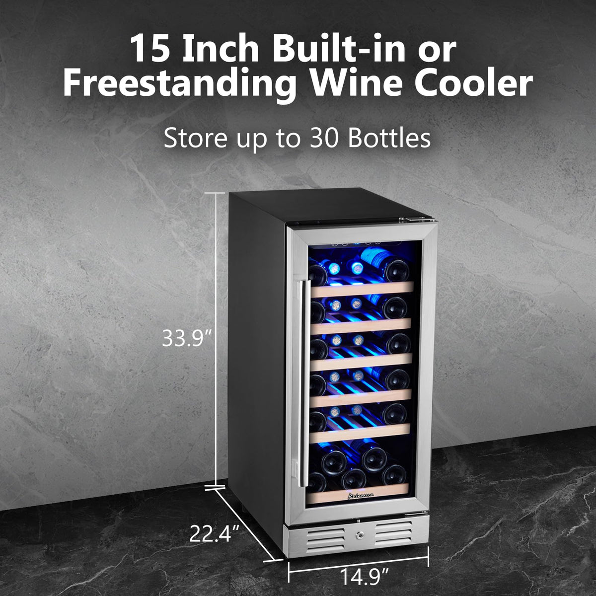 Kalamera Mini Lodówka 15" Chłodziarka do wina - 30 Butelek Wina Lodówka ze Stali Nierdzewnej i Dwuwarstwowe Drzwi z Hartowanego Szkła i Funkcja Zapamiętywania Temperatury Wbudowana lub Wolnostojąca