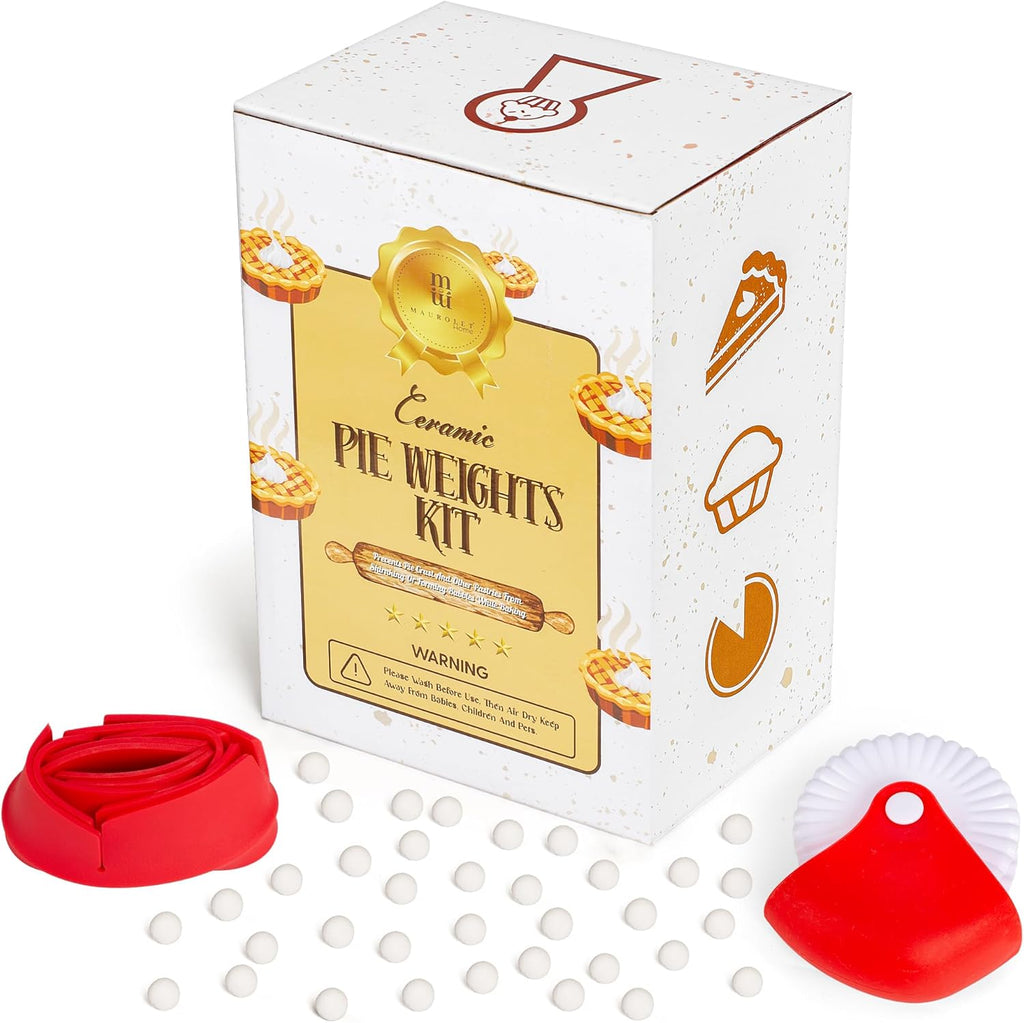 2.2 LB Pie Weights with Pie Crust Shield and Pie Crust Cutter – All In One Baking Supplies Kit with Ceramic Beads – Durable Food-Grade Baking Tools Ideal for Pies, Tarts, Cakes, White