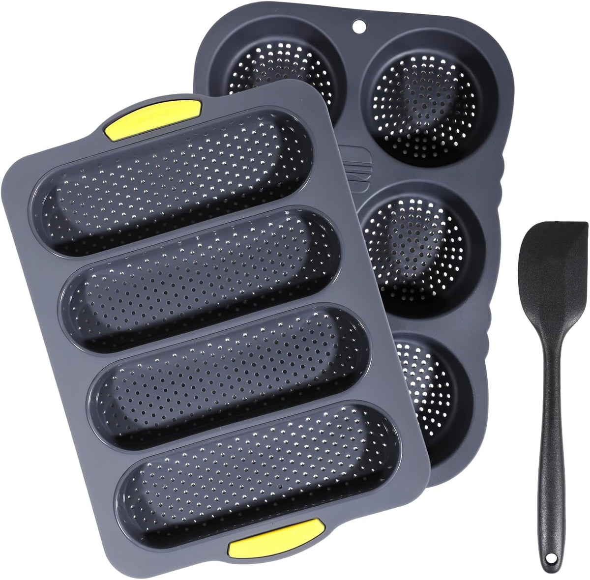OMISTAR 3 PCS Silicone Baguette Pan and Hamburger Bun Pan Set,Non-stick French Bread Baking Mold,4 Wave French Bread Baking Tray,6 Cup Hamburger Bun Mold with Scraper