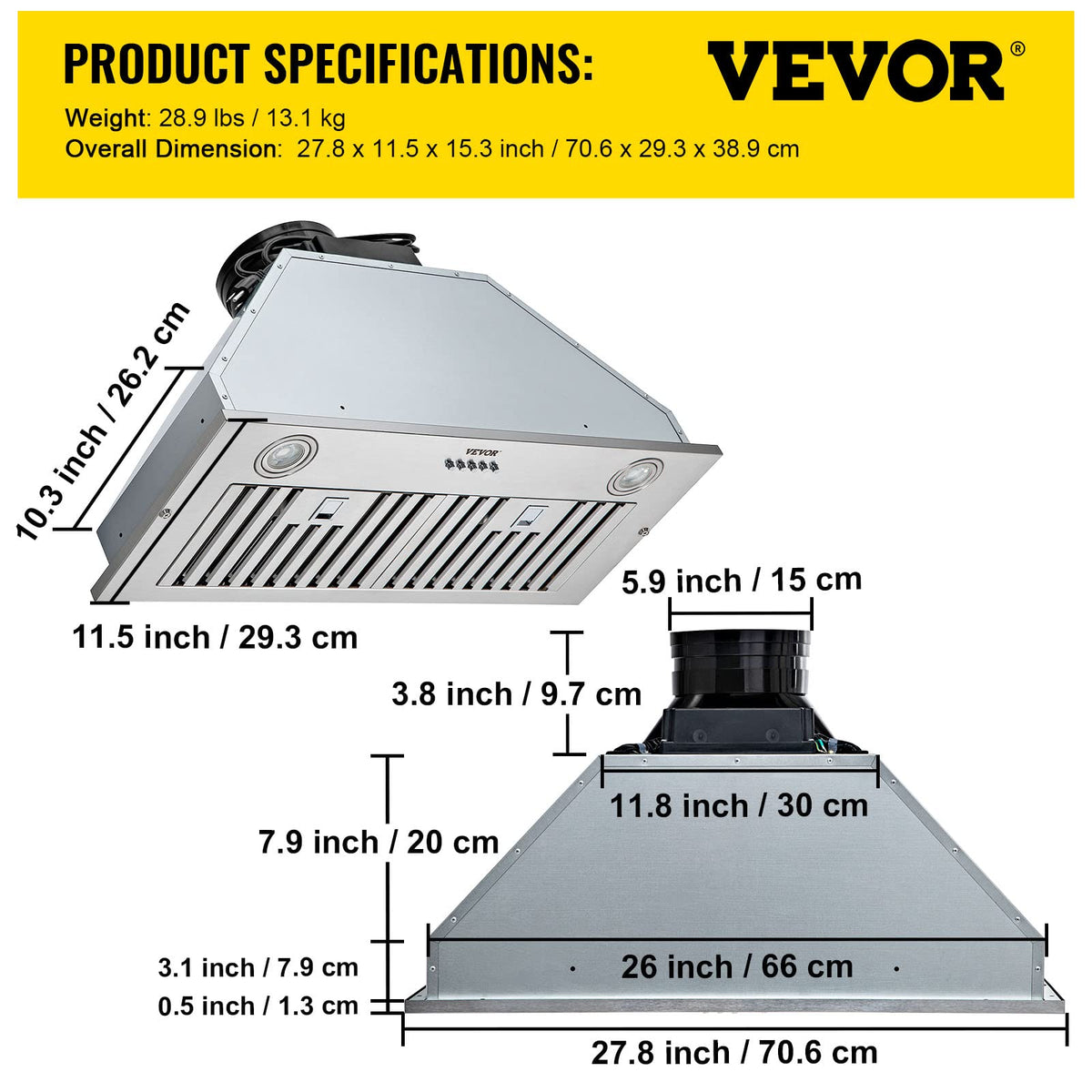 VEVOR Insert Range Hood, 800CFM 3-Speed, 30 Inch Stainless Steel Built-in Kitchen Vent with Push Button Control LED Lights Baffle Filters, Ducted/Ductless Convertible, ETL Listed…