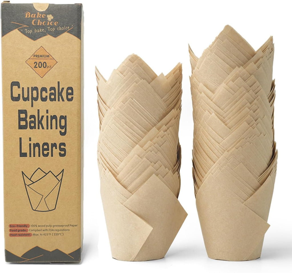 200pcs Natural Tulip Cupcake Liners for Baking Cups Unbleached European Parchment paper Tulip Muffin Liners, Cupcake Wrapper for Party, Christmas