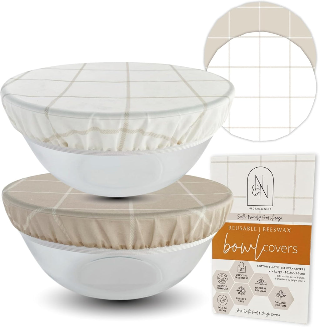 Nectar & Nest Reusable Bowl Covers for Bread Proofing (2 Lg) - Beeswax Bowl Covers Reusable, 100% Organic Cotton, Elastic Cover for Sourdough, Dough Proofing and Food Storage, Compostable