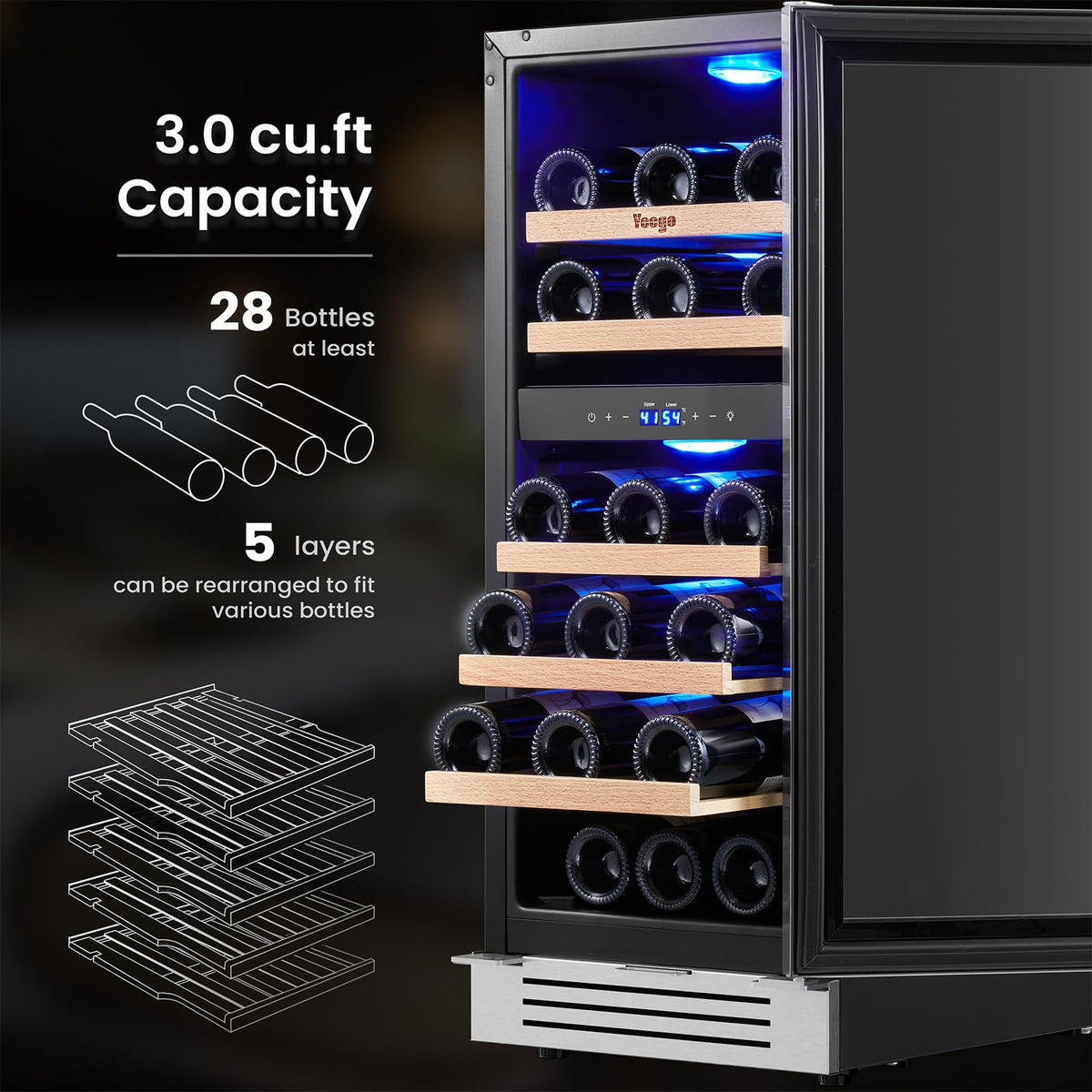 Yeego Wine Fridge Dual Zone 15 Inch, 28 Bottles Wine Cool Refrigerator with Glass Door & Safety Lock, Built-in/Freestanding/Under Counter, Perfect for Home & Kitchen