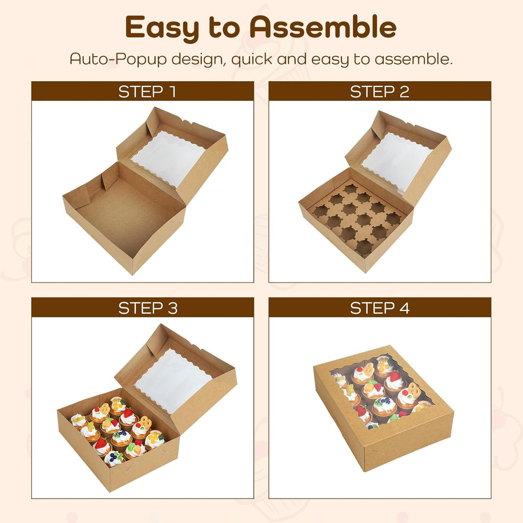 15-Set Cupcake Boxes Hold 12 Standard Cupcakes, Auto-Popup Cupcake Containers with Windows and Inserts, Brown Cupcake Carrier, Food Grade Kraft Cupcake Holders