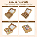 15-Set Cupcake Boxes Hold 12 Standard Cupcakes, Auto-Popup Cupcake Containers with Windows and Inserts, Brown Cupcake Carrier, Food Grade Kraft Cupcake Holders
