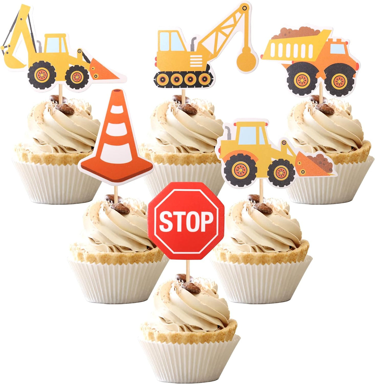 36 PCS Construction Cupcake Toppers Stop Sign Dump Truck Excavator Tractor Party Cake Food Picks Decorations for Construction Theme Baby Shower Kids Birthday Party Supplies
