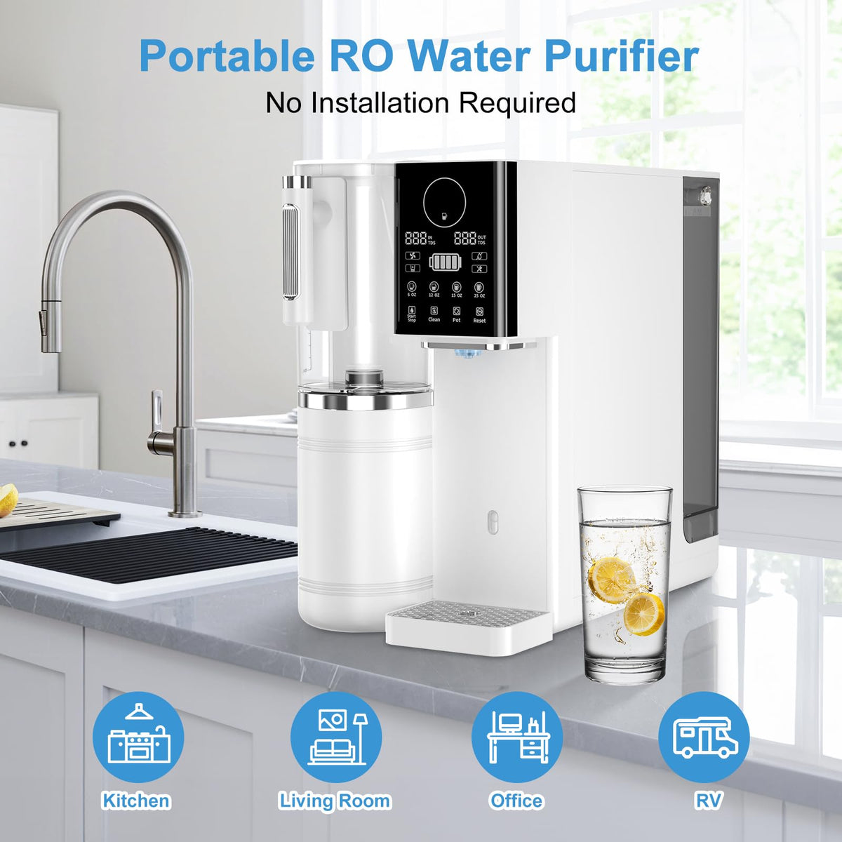 Reverse Osmosis Water Filter, Water Purifier, 8-Stage RO Filtration System, Portable Water Purifier Countertop for Kitchen, Office, RV, No Installation, White