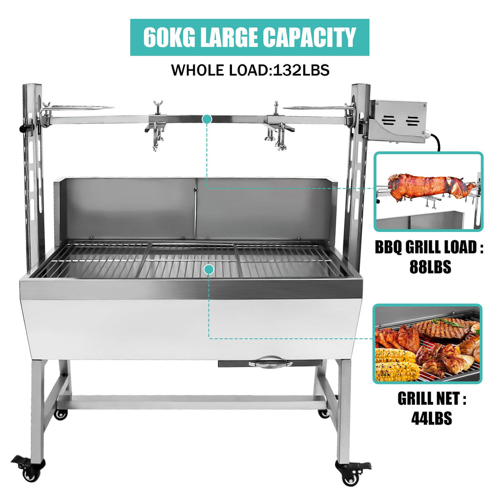 ZZZZS BBQ Rotisserie Grill Roaster Charcoal Roast Machine 132LBS Charcoal Bearing Lamb Spit Roaster Hog Roasting Machine na piknik na świeżym powietrzu Camping Wysokość regulowana, z przegrodą