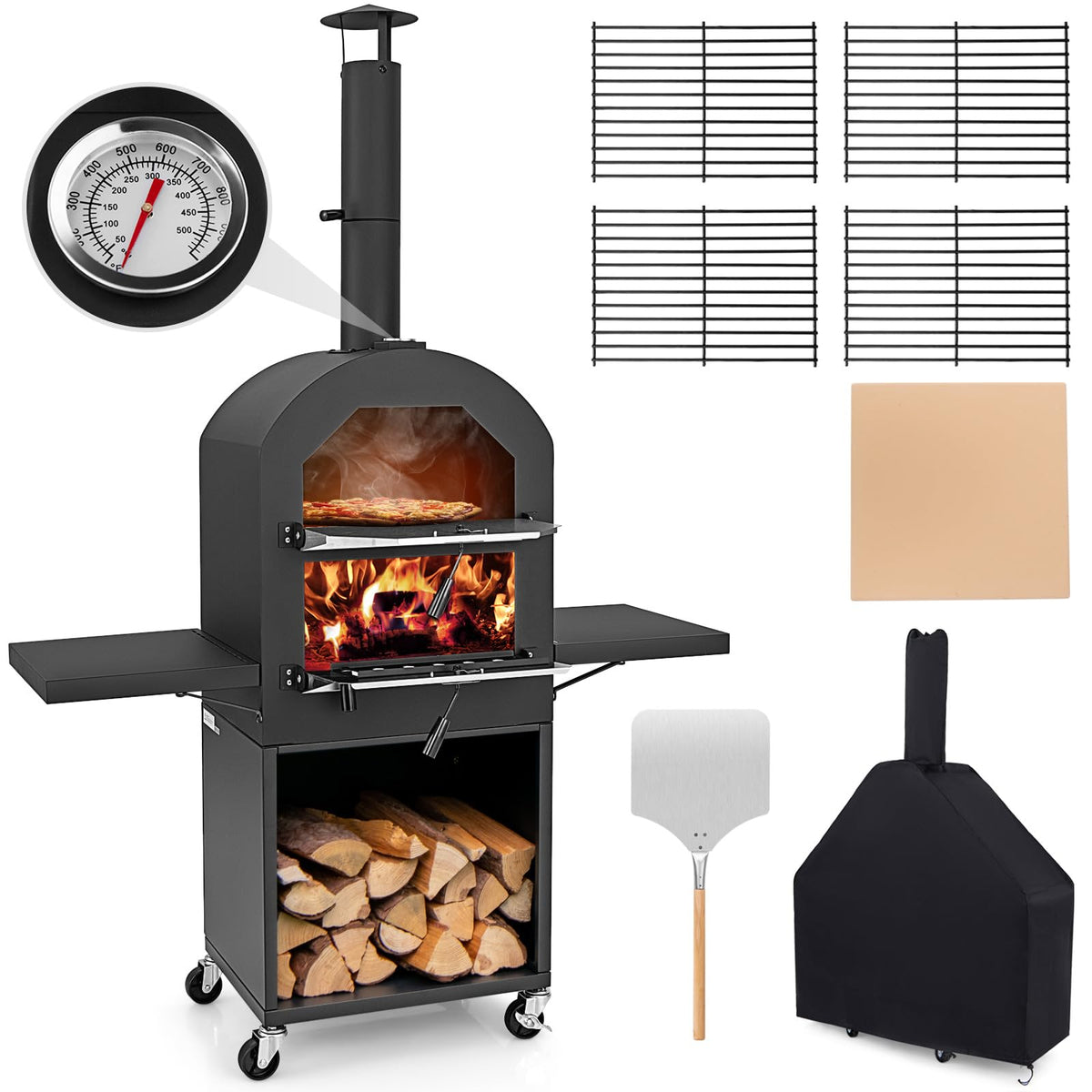 Giantex Pizza Oven Outdoor - piec opalany drewnem z 2 stolikami bocznymi, kamieniem do pizzy, łopatą do pizzy, pokrywą, rusztami do pieczenia, maszyną do pizzy na kółkach do grilla węglowego na zewnątrz, na imprezę w ogrodzie, kemping