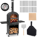 Giantex Pizza Oven Outdoor - piec opalany drewnem z 2 stolikami bocznymi, kamieniem do pizzy, łopatą do pizzy, pokrywą, rusztami do pieczenia, maszyną do pizzy na kółkach do grilla węglowego na zewnątrz, na imprezę w ogrodzie, kemping