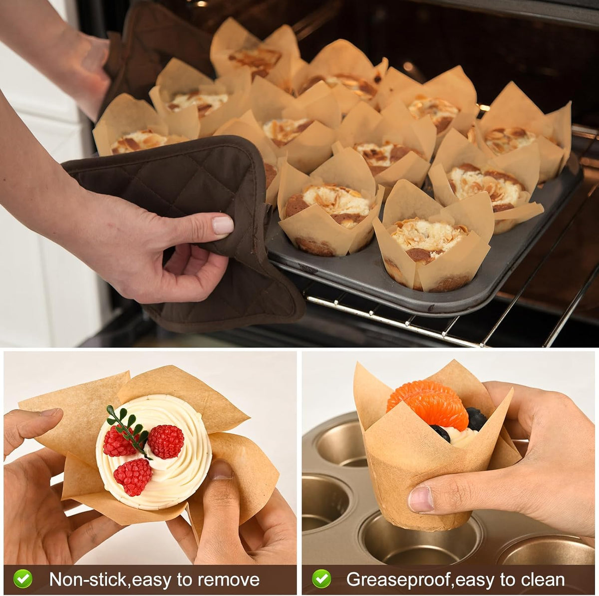Natural Tulip Cupcake Liners for Baking 200 Cups, Unbleached Parchment paper Muffin Liners, Upgraded Standard Cupcake Wrappers, Greaseproof Cup Cake Liner, Easy to Use in Party, Birthday, Christmas