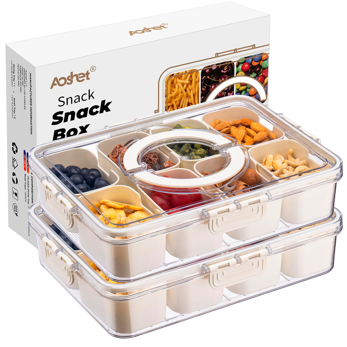 Snack Box Container, Dishwasher Safe Fruit Storage Containers, Divided Serving Tray with Lid for Veggie, Candy and Nuts Organizer, Snackle Charcuterie Boxes for Kids, Adults Travel, Party and Picnic