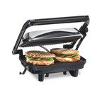 Сендвічниця Hamilton Beach Panini Press та електричний гриль для приміщень із кришкою, що замикається, відкривається на 180 градусів для будь-якої товщини кесадільї, бургерів тощо, антипригарні решітки 8" x 10", хром (25460AG)