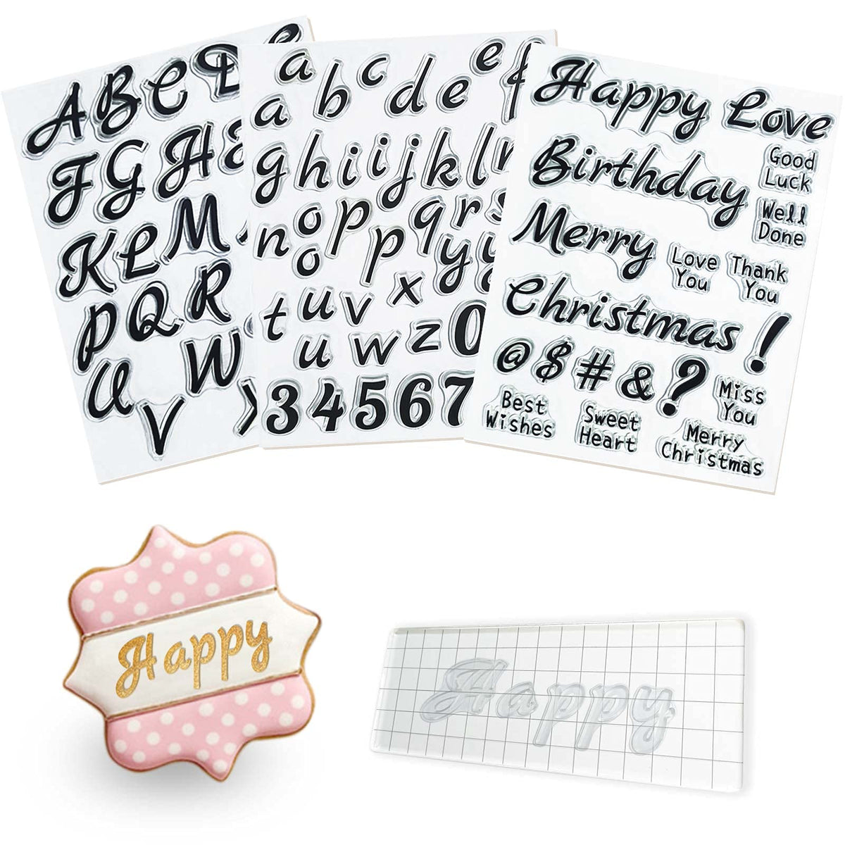 4PCS Alphabet Cake Stamps Tool with Brushes for Fondant Cookie Biscuit, Pretty Handwriting Food Grade Fondant Letter Stamp Uppercase Lowercase Numbers Words Reusable Cookie Stamp for Christmas Party