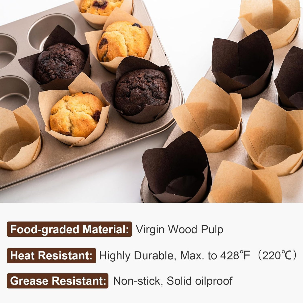 200pcs Tulip Cupcake Liners, Premium Muffin Liners Holders for Baking Cups, Greaseproof Cupcake Wrappers in Standard Size, Classic Parchment Paper Cupcakes Liner for Party, Christmas by JIRNGLA