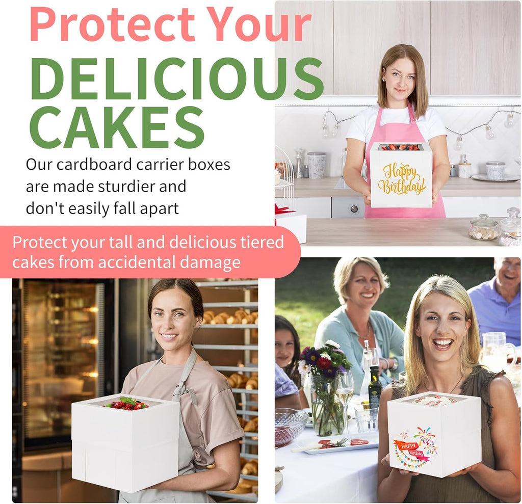 Moretoes 12 Pcs Cake Box, Tall Cake Boxes with Window in 3 Sizes 12x12x12 10x10x10 8x8x8 Inches, Bakery Boxes Disposable Carrier Take Out Container, 2 or 3 Tier for Valentine's Day Mother's Day