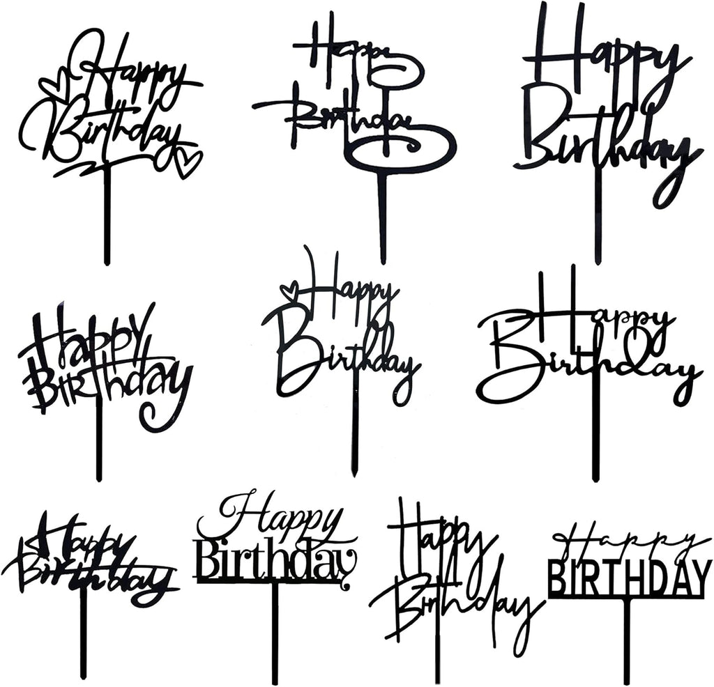 10 PCS Black Happy Birthday Cake Topper Acrylic Cupcake Topper A Series of Birthday Cake Supplies Decorations