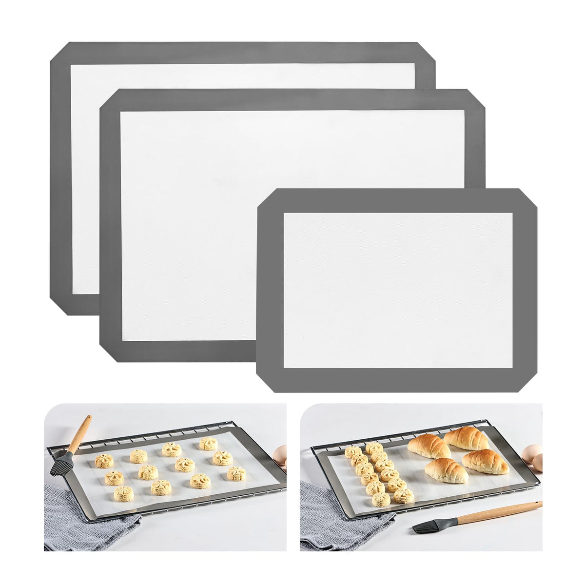 KitchenRaku Silicone Baking Mat, 16.5"x11.6" Non Stick Reusable Silicone Cooking Mat, BPA Free Baking Sheet for Cookies, Macarons Bread & Pastry, Toaster Pad Set of 2