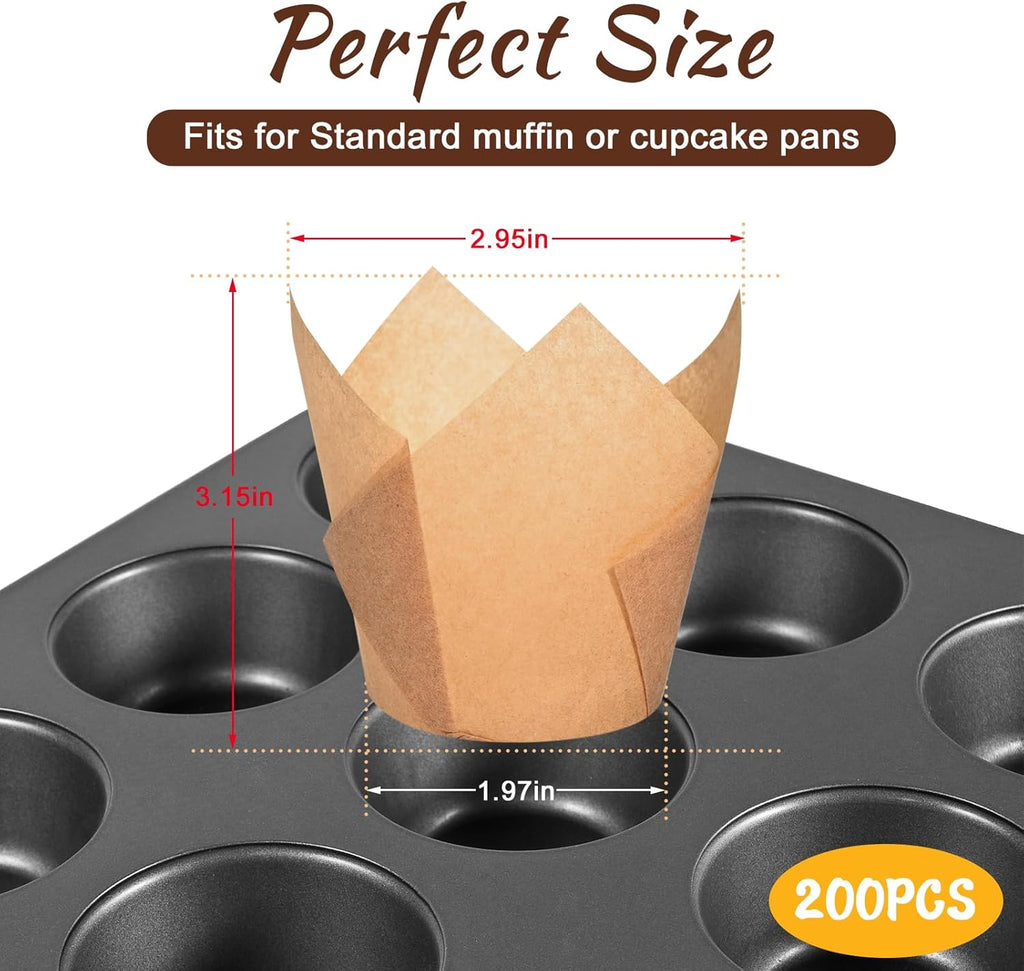 Natural Tulip Cupcake Liners for Baking 200 Cups, Unbleached Parchment paper Muffin Liners, Upgraded Standard Cupcake Wrappers, Greaseproof Cup Cake Liner, Easy to Use in Party, Birthday, Christmas