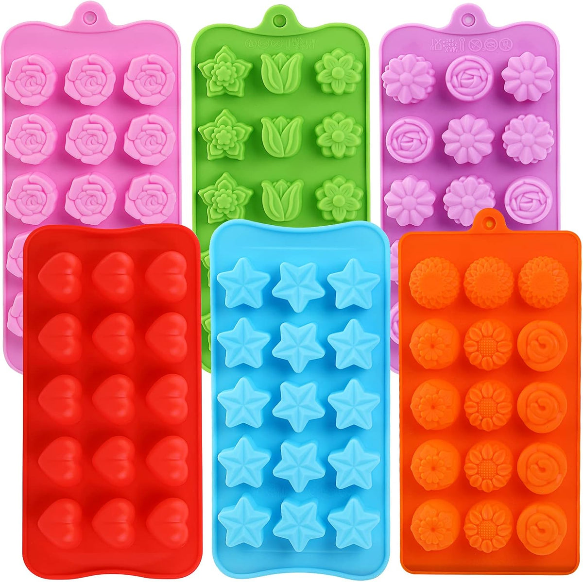 Flower Shape Chocolate Candy Molds Set,Heart,The stars,The rose,Flowers in Combination,15 Cavity Silicone Baking Mold Ice Cube Tray-Wedding,Festival,Parties and DIY Crafts-(6Pcs)