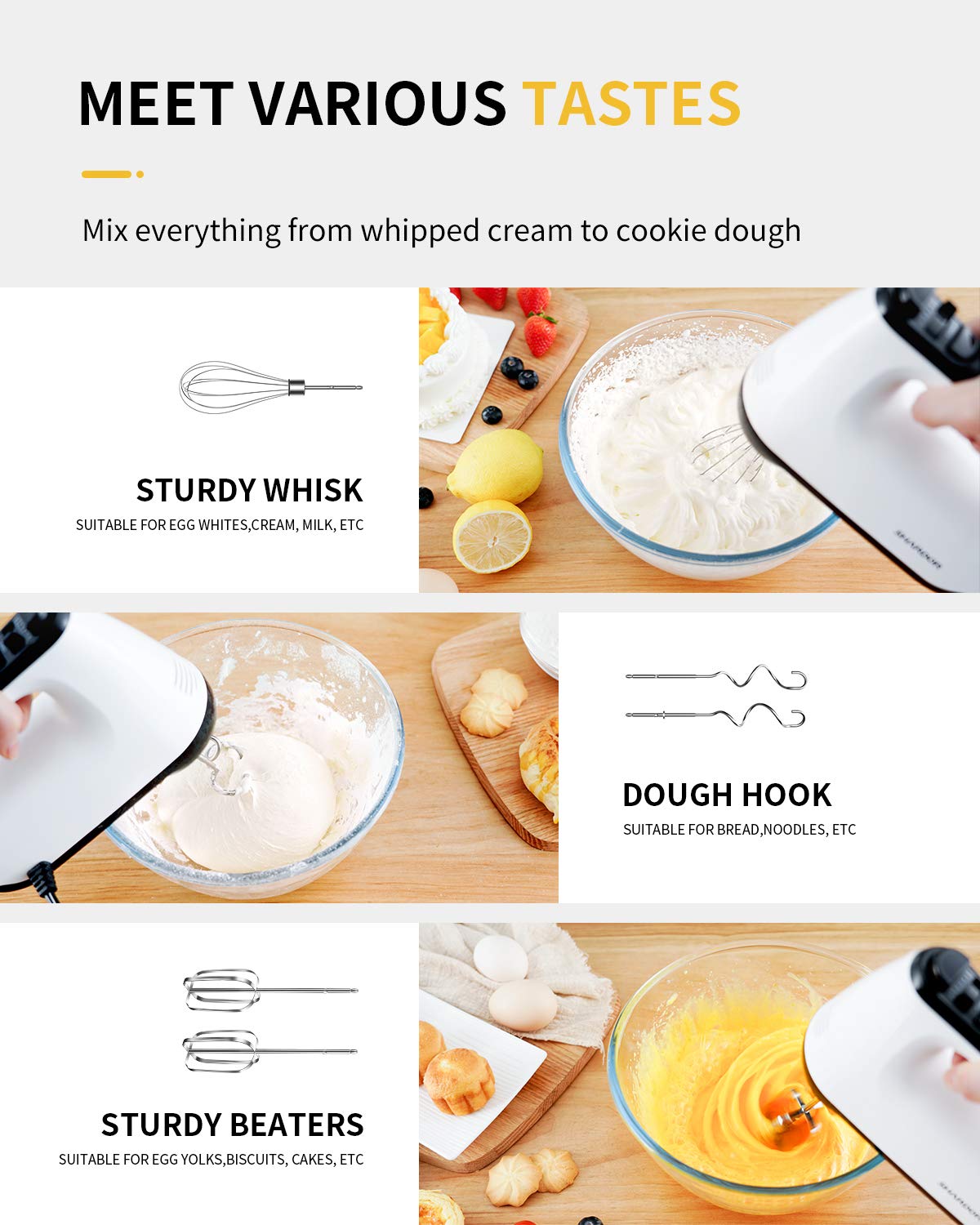 SHARDOR Hand Mixer Electric, 6 Speed & Turbo Mixer Electric Handheld, Snap-On Storage Case,5 Stainless Steel Accessories for Whipping, Mixing Cookies, Brownie, Cakes, Dough Batters, White
