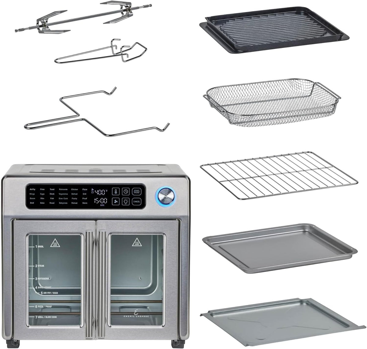 Emeril Lagasse Extra Large French Door Air Fryer Toaster Oven Combo, 25 Cooking Functions and Digital Controls, 7 Accessories Included, Stainless Steel Finish, 26QT Capacity