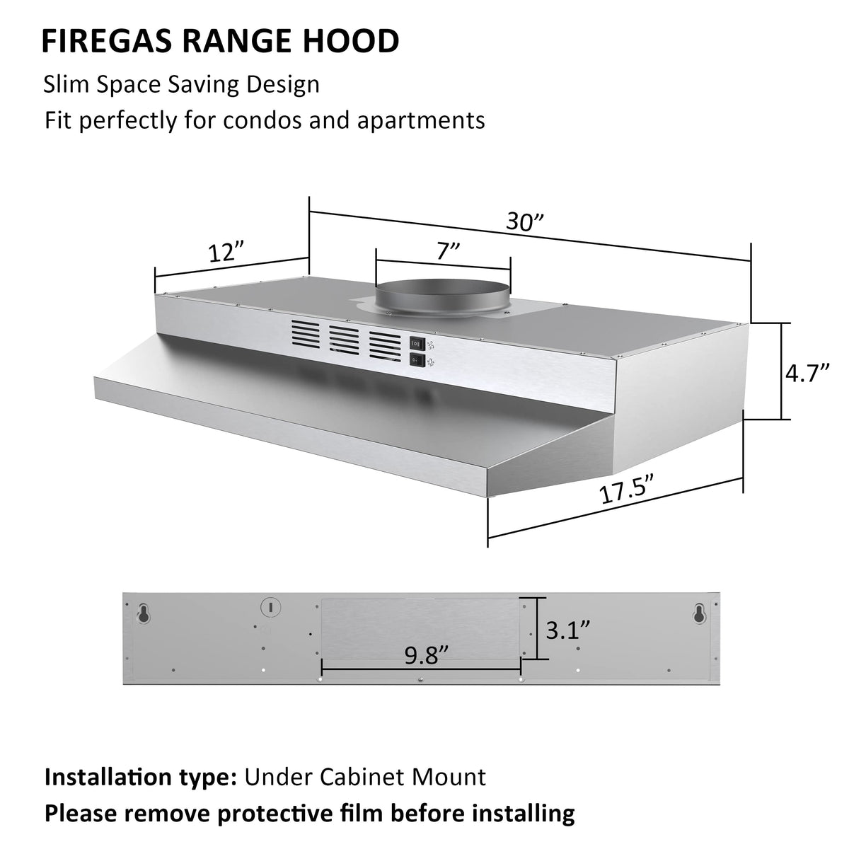 FIREGAS 30 inch Range Hood Under Cabinet, Ducted/Ductless Convertible Stainless Steel Kitchen Range Hood with Rocker Button Control, 2 Speed Exhaust Fan, 300 CFM Aluminum Filter Included