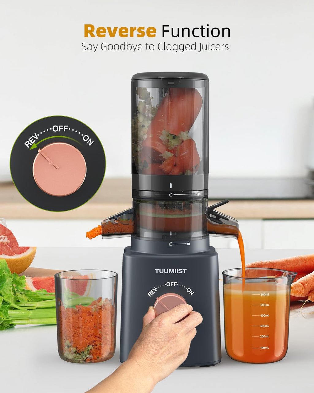 Wyciskarki do soku, Wyciskarka do soku na zimno TUUMIIST z dużym otworem wlotowym o średnicy 4,25 cala, do całych warzyw i owoców, Wyciskarka ślimakowa, łatwa do czyszczenia, szara