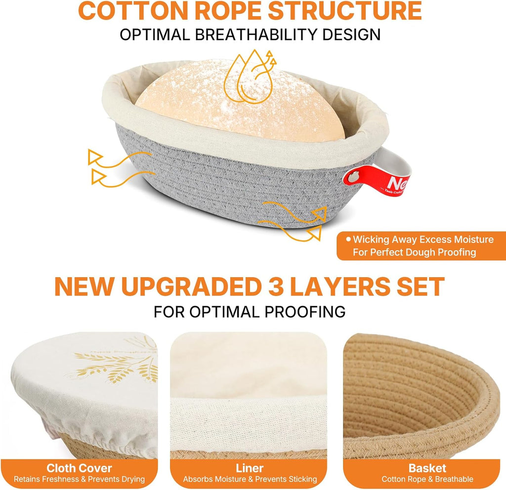 Banneton Bread Proofing Basket Set - Oval & Round Sourdough Proofing Baskets - Sourdough Proofing Bowls Bread Baking Supplies With Liner & Cloth Cover - Cotton Rope Banneton Basket for Baking