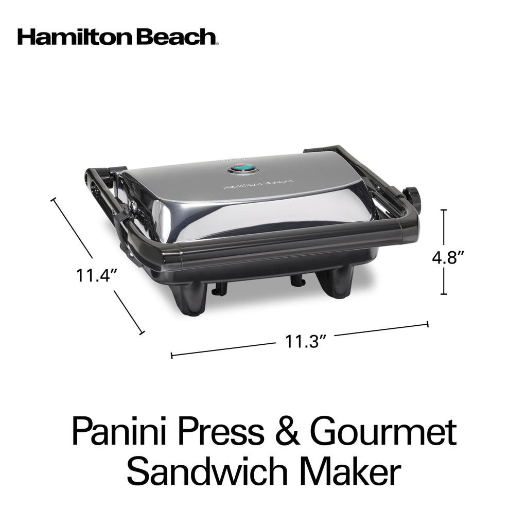 Сендвічниця Hamilton Beach Panini Press та електричний гриль для приміщень із кришкою, що замикається, відкривається на 180 градусів для будь-якої товщини кесадільї, бургерів тощо, антипригарні решітки 8" x 10", хром (25460AG)