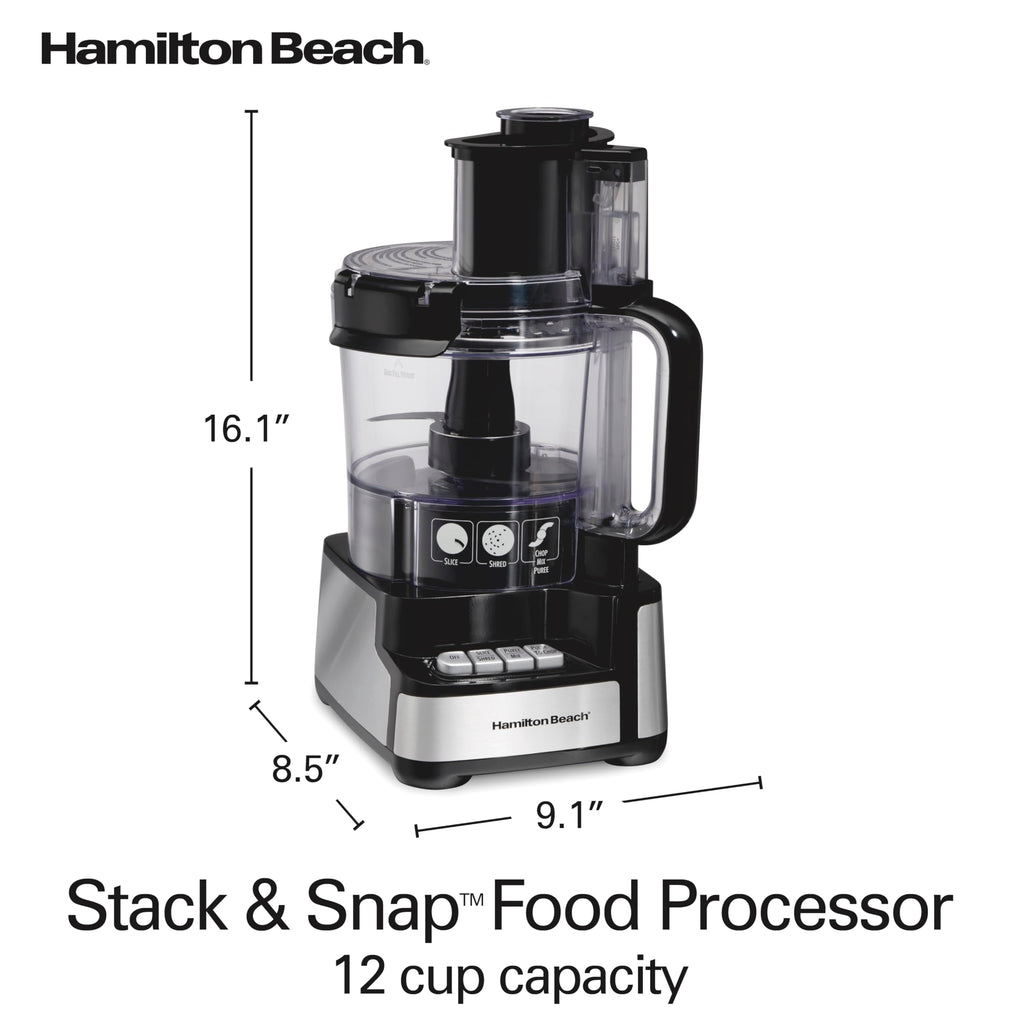 Кухонний комбайн та подрібнювач овочів Hamilton Beach Stack & Snap, без BPA, леза з нержавіючої сталі, чаша на 12 чашок, 2-швидкісний двигун 450 Вт, чорний (70725A)