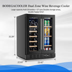BODEGACOOLER 24-calowa lodówka na wino i napoje, 2-drzwiowa komercyjna chłodziarka do tylnego baru, dwustrefowa chłodziarka do wina, tylna lodówka do baru, na imprezę, mieszcząca 20 butelek i 57 puszek, oświetlenie LED, czarna.