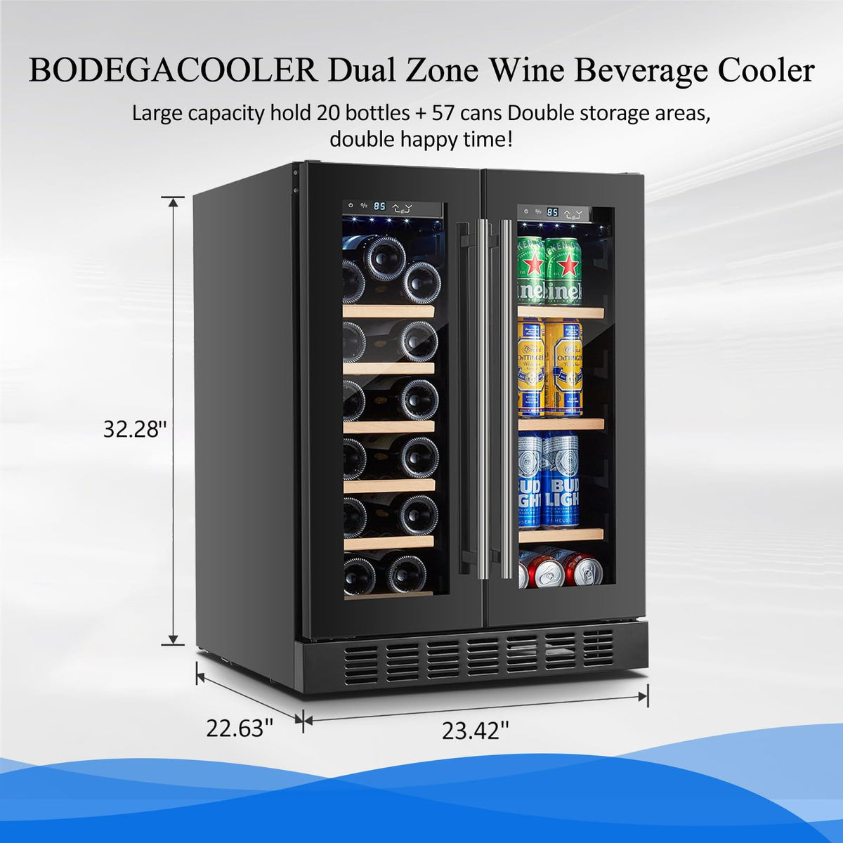 BODEGACOOLER 24-calowa lodówka na wino i napoje, 2-drzwiowa komercyjna chłodziarka do tylnego baru, dwustrefowa chłodziarka do wina, tylna lodówka do baru, na imprezę, mieszcząca 20 butelek i 57 puszek, oświetlenie LED, czarna.