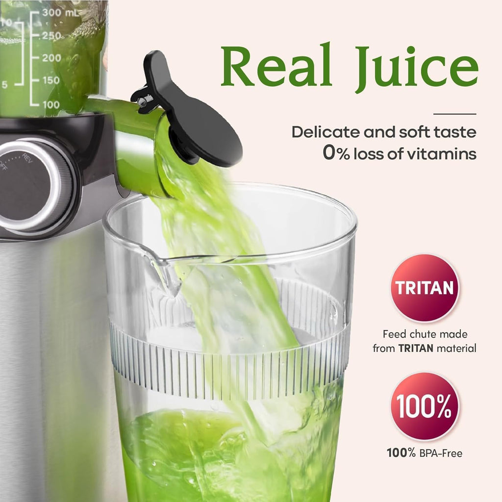 Wyciskarka do soku Anybear Cold Press, 200 W, wolnoobrotowa, 4,3-calowy duży otwór wlotowy, pasuje do całych owoców i warzyw | Ulepszony ślimak | Materiał Tritan | Bez BPA | Przepisy na soki (srebrny)