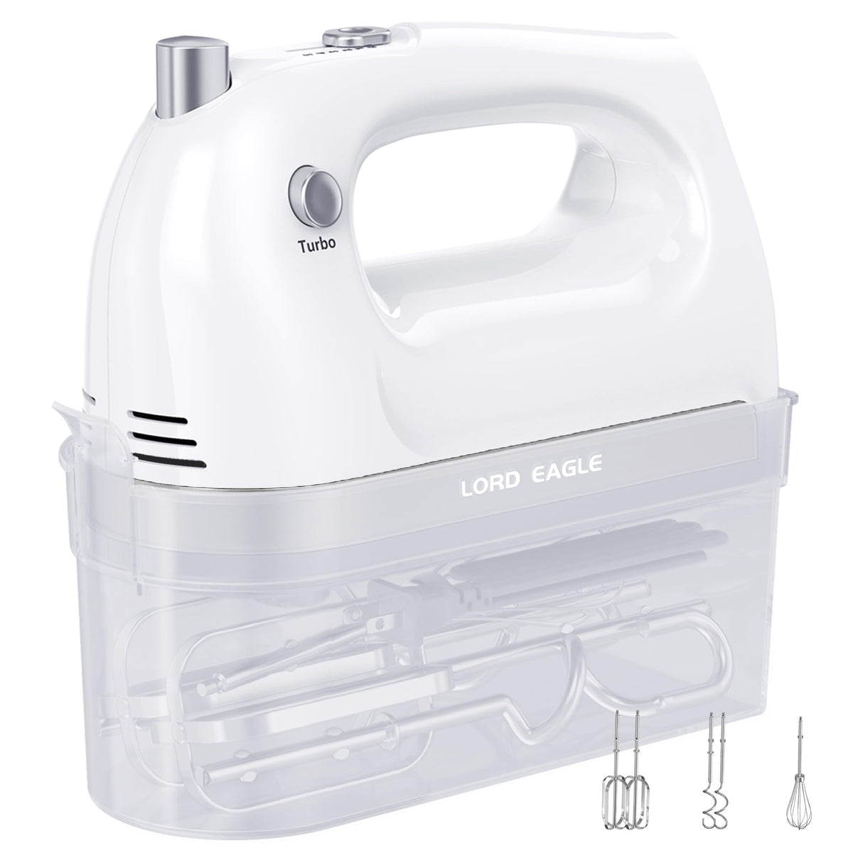 Lord Eagle Hand Mixer Electric 400W, 5 Speed handheld Mixer, 5 Stainless Steel Accessories for Baking Cake Egg Cream Food Beater, Turbo Boost/Self-Control Speed + Eject Button (White)