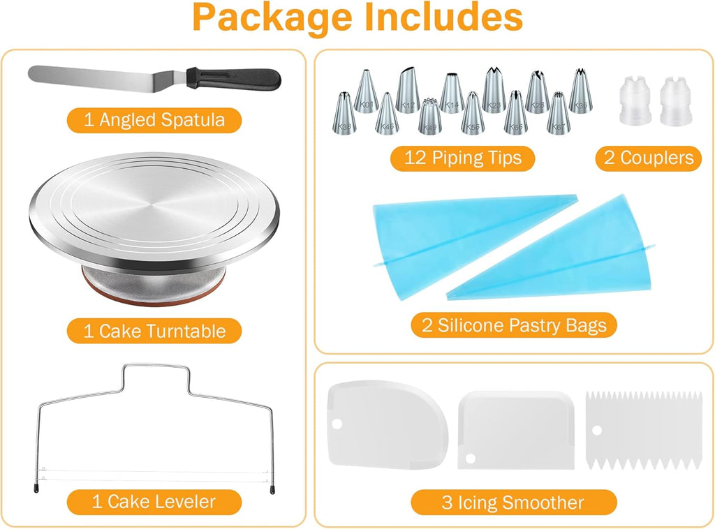 Kootek 22pcs Cake Decorating Supplies Kit, Baking Tools with 12" Aluminium Cake Turntable Rotating Cake Stand, Piping Bags and Tips Set, Icing Spatula, Cake Leveler, 3 Icing Scrapers for Mother's Day