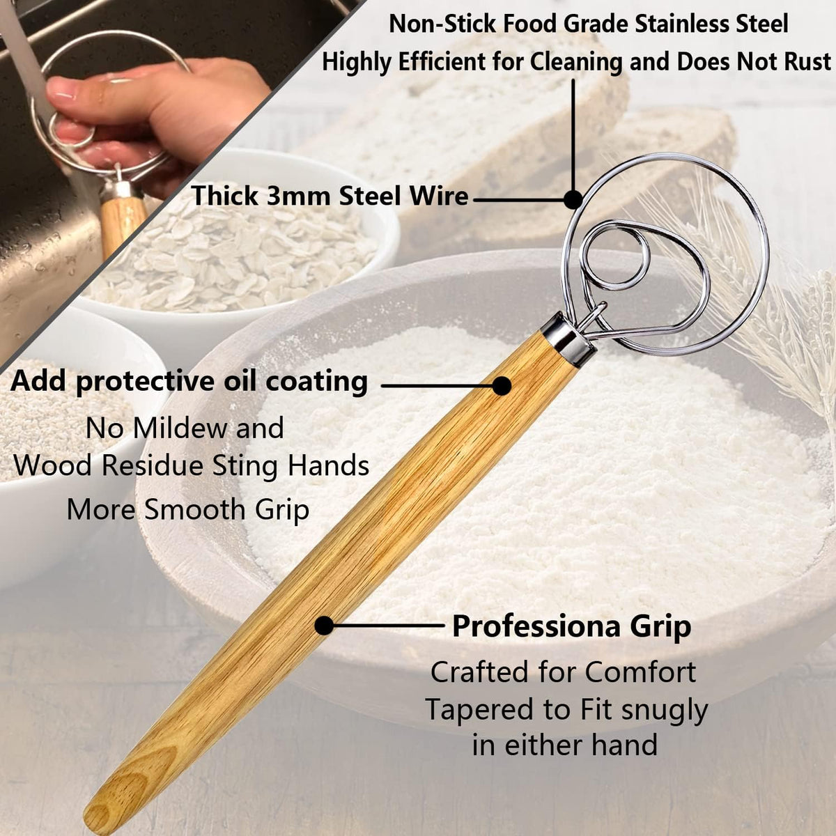 Danish Dough Whisk, Dutch Style Bread Whisk For Sourdough Cooking Kitchen with Stainless Steel Danish Sourdough Whisks Bread Mixer 13" and Dough Scraper