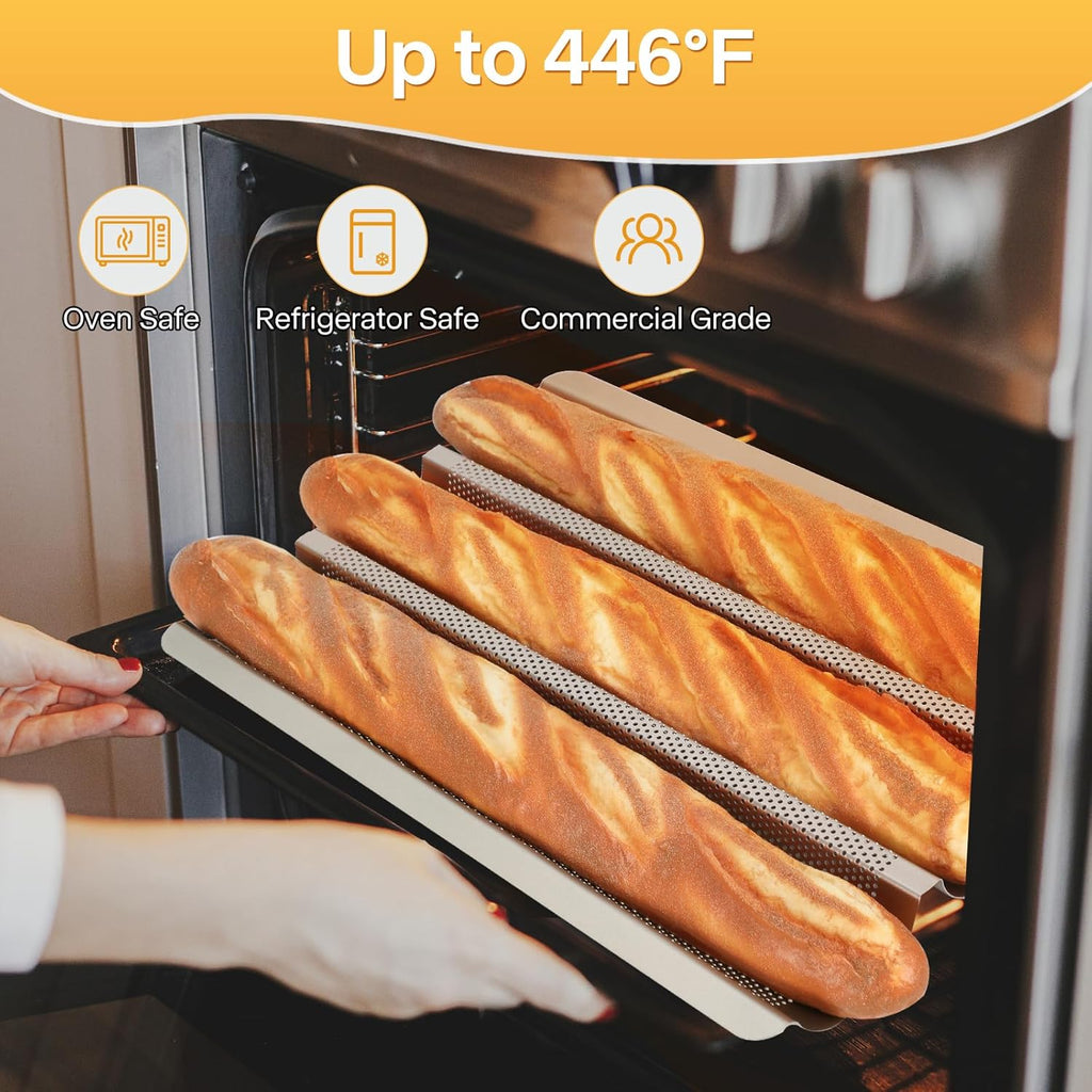Baguette Bread Pan, Perforated French Bread Baking Pan, Nonstick 3 Loaf Bread Pans for Baking, with Baguette Kit – Includes Proofing Cloth & Dough Cutter, 15x11 Inch Gold