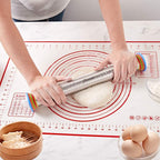 Rolling Pin and Silicone Baking Pastry Mat Set, Stainless Steel Dough Roller, Rolling Pins with Adjustable Thickness Rings, for Baking Fondant, Pizza, Pie, Pastries, Pasta, Cookies