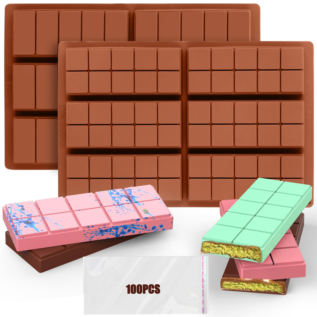 Palksky (2 Pcs) 8 Cavity Rectangle Granola Bar Silicone Mold/Nutrition/Cereal Bar Molds Energy Bar Maker for Chocolate Truffles Ganache Bread Brownie Cornbread Cheesecake Pudding Butter Mould