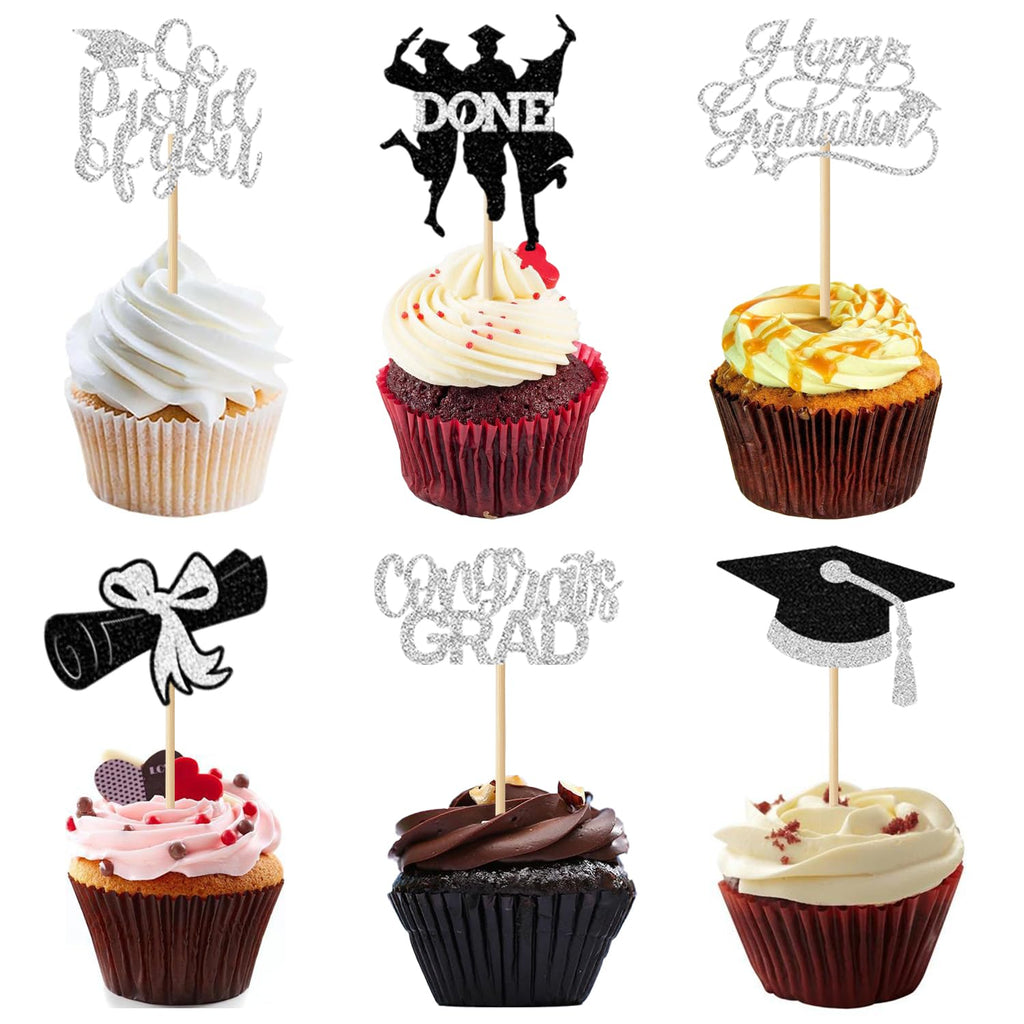 24 Pack 2025 Congrats Grad Cupcake Toppers Set, Glitter Graduation Cupcake Decor, Class of Cupcake Picks for Senior High School College Grad Party Decorations Supplies(Black with Gold) A