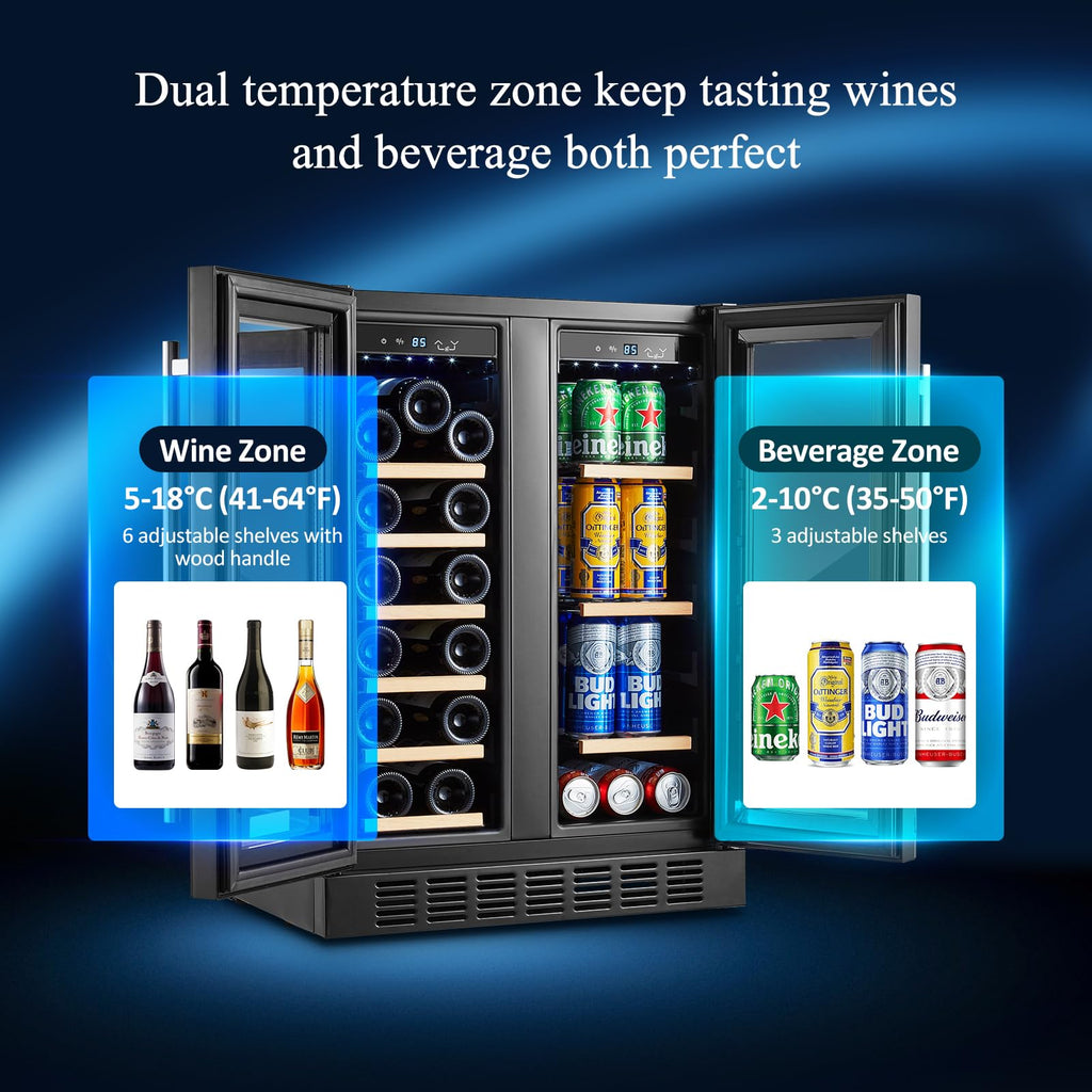 BODEGACOOLER 24-calowa lodówka na wino i napoje, 2-drzwiowa komercyjna chłodziarka do tylnego baru, dwustrefowa chłodziarka do wina, tylna lodówka do baru, na imprezę, mieszcząca 20 butelek i 57 puszek, oświetlenie LED, czarna.