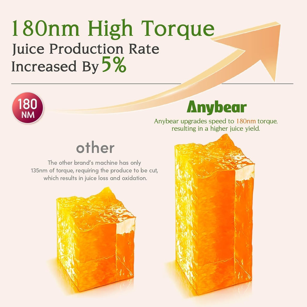 Wyciskarka do soku Anybear Cold Press, 200 W, wolnoobrotowa, 4,3-calowy duży otwór wlotowy, pasuje do całych owoców i warzyw | Ulepszony ślimak | Materiał Tritan | Bez BPA | Przepisy na soki (srebrny)