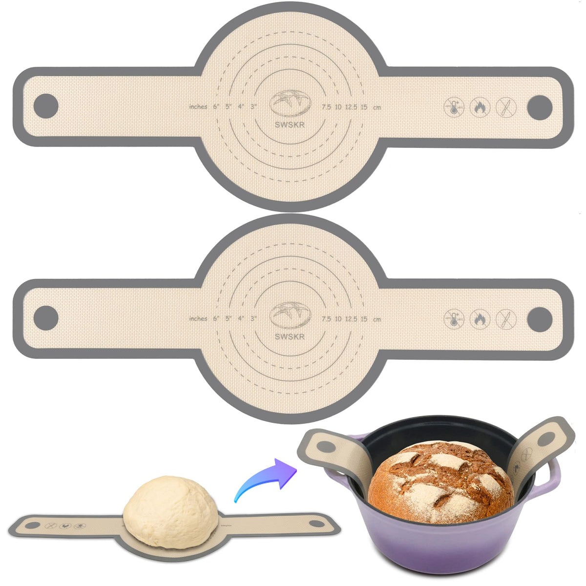 Silicone Bread Sling for Dutch Oven, 2 Pcs Non-Stick & no objectional odor Bread Baking Mat Set, antislip Reusable Bread Sling with Long Handle to Transfer Sourdough, large, Gray