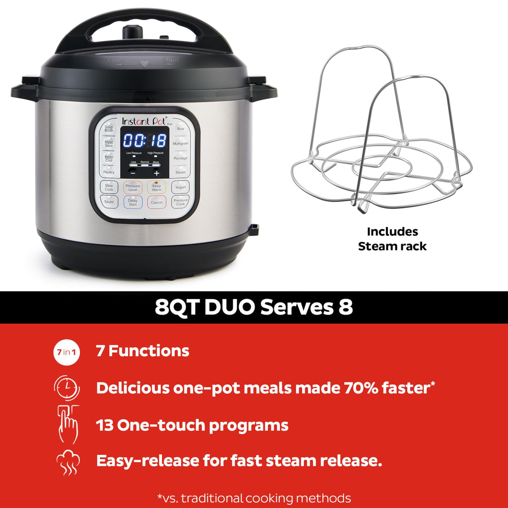 Instant Pot Duo 7-в-1 електрична скороварка, мультиварка, рисоварка, пароварка, пристрій для пасерування, йогуртниця, підігрівач та стерилізатор, включає додаток з понад 800 рецептами, нержавіюча сталь, 8 кварт