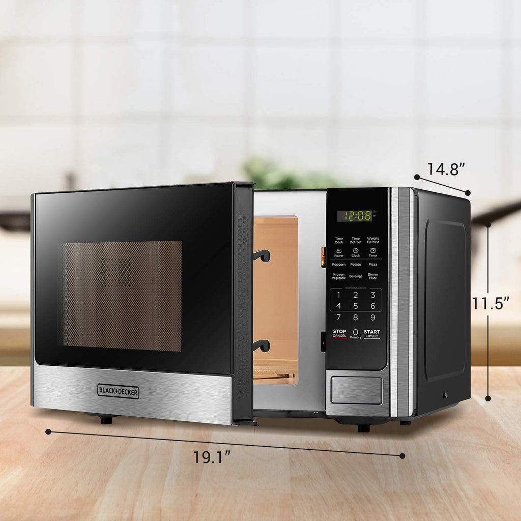 BLACK+DECKER Cyfrowy Piekarnik Mikrofalowy z Talerzem Obrotowym, Przyciskiem Drzwi, Blokada Bezpieczeństwa Dziecięca, Stal Nierdzewna, 0.9 Cu Ft