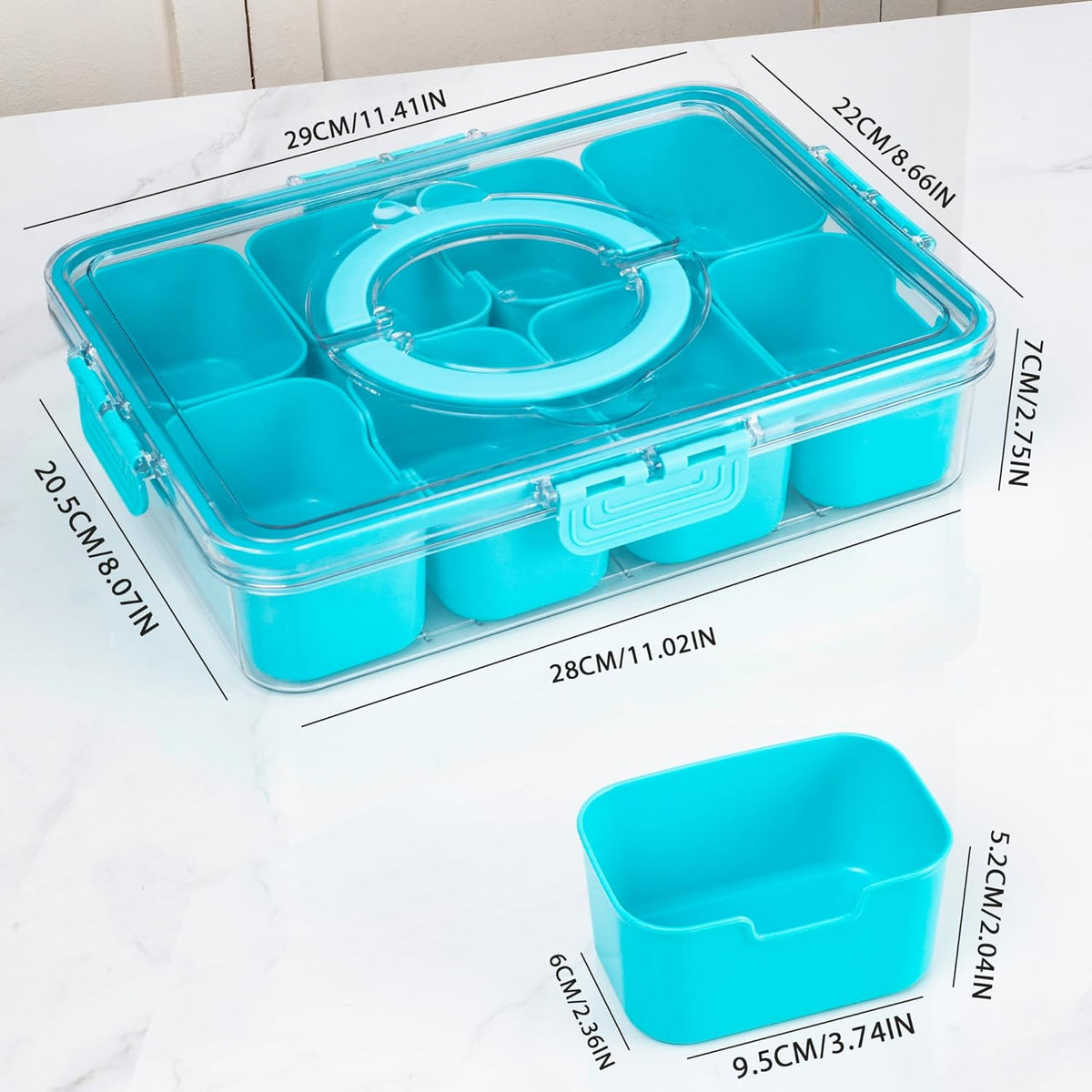 Divided Snack Serving Tray with Lid and Handle Travel Snackle Charcuterie Container Portable Storage Organizer for Candy, Fruits, Nuts, Snacks, Party, Picnic (1pack, Lake blue)
