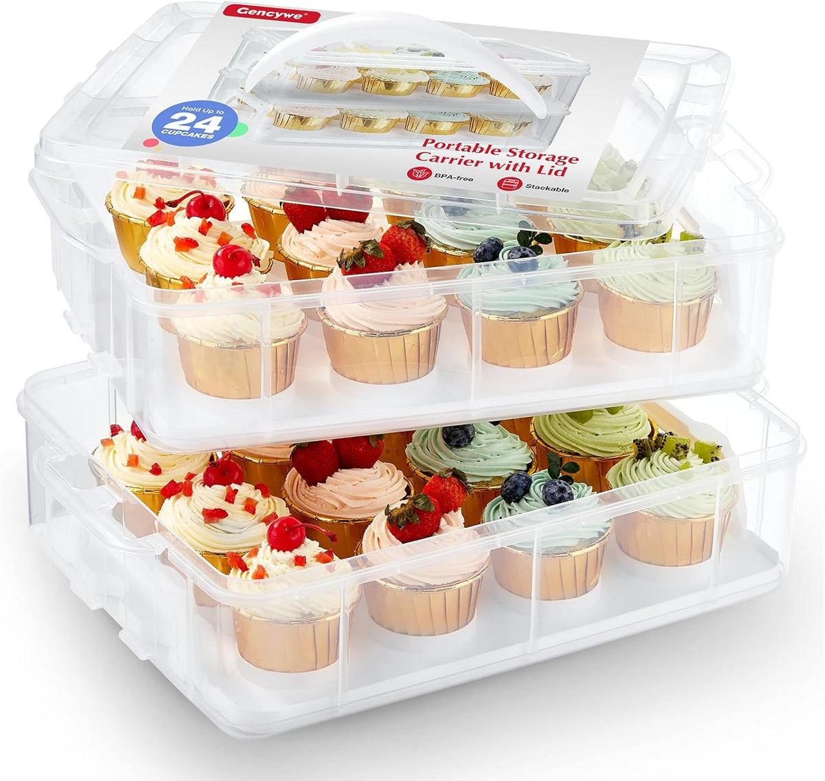 Plastic Cupcake Carrier 24 Count, 2-Layer Cupcake Holder Carries with Lid & Handles, Cookie, Cake, Cupcake and Brownie Storage Carrier, Reusable Cupcake Box